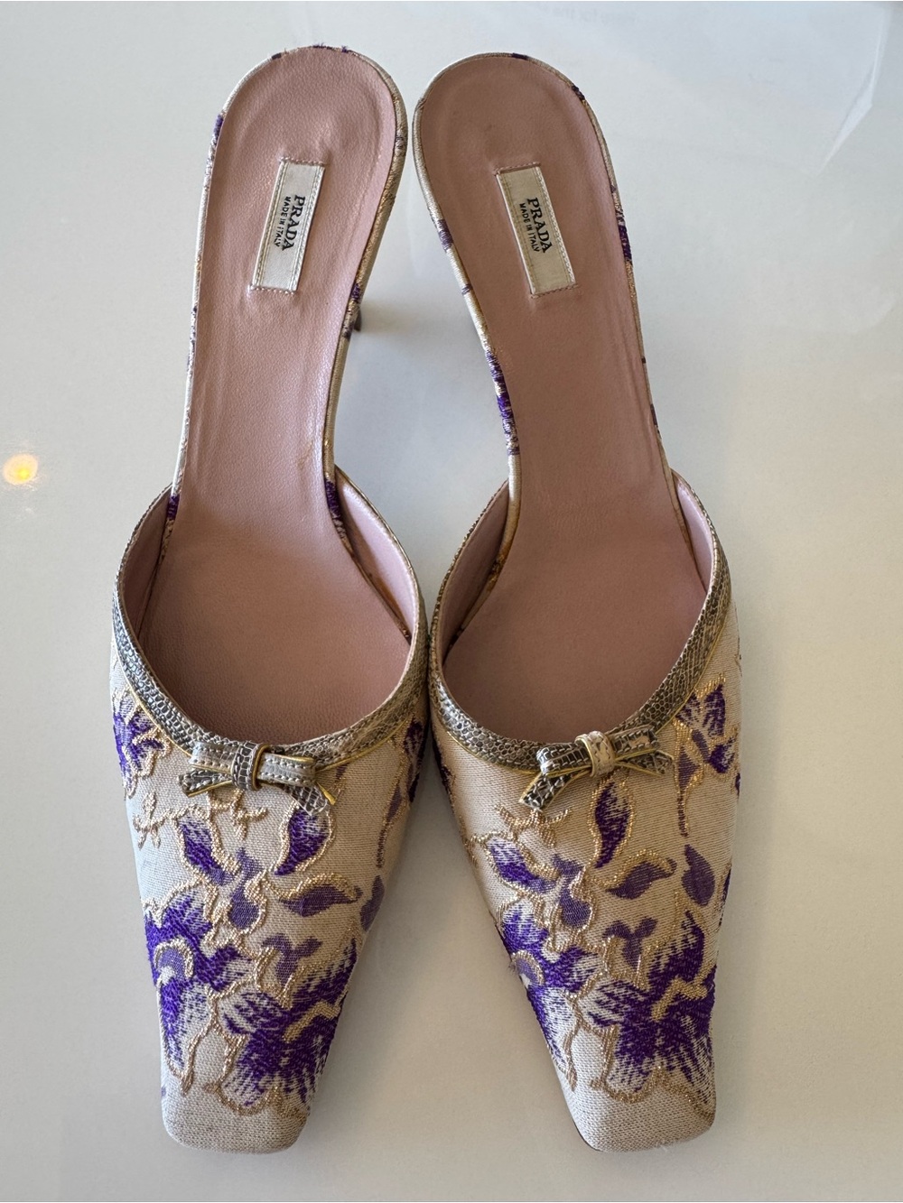 Prada Rare Champagne Purple Jacquard Floral Embroidered Mules Pumps EU 38.5